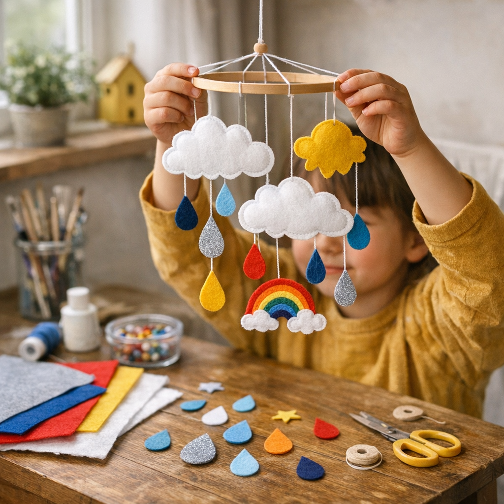 Idée 2&nbsp;: fabriquer un mobile de nuages, gouttes et couleurs