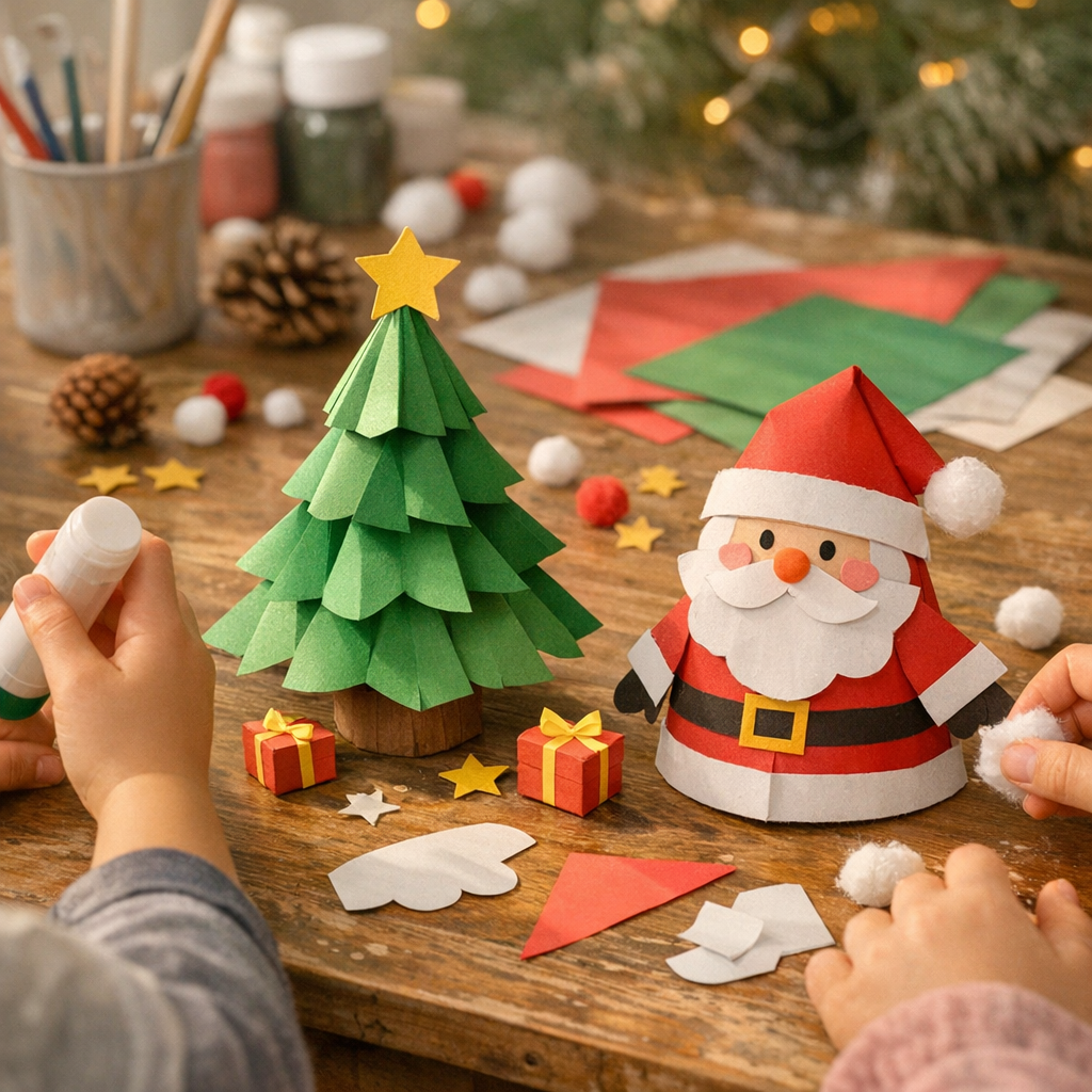 Travaux manuels de Noël&nbsp;: le pas-à-pas du sapin en papier et du Père Noël