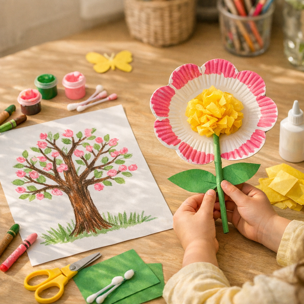 Dessiner un arbre de printemps et faire une fleur en papier ou en assiette carton