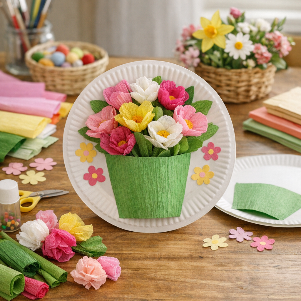Bricolages avec des fleurs de printemps&nbsp;: assiette en carton, papier crépon, bouquet 3D