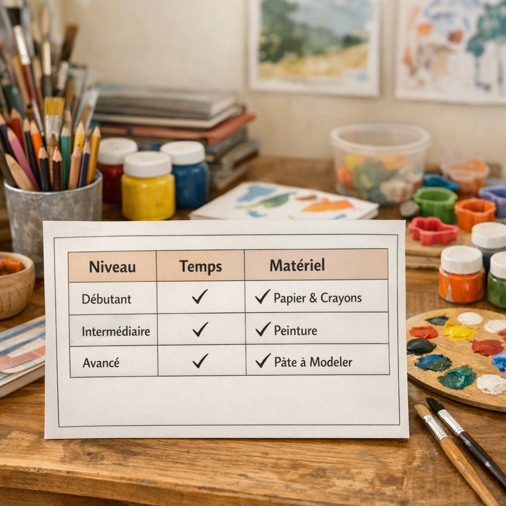 Tableau comparatif : choisir l’atelier selon le niveau, le temps et le matériel