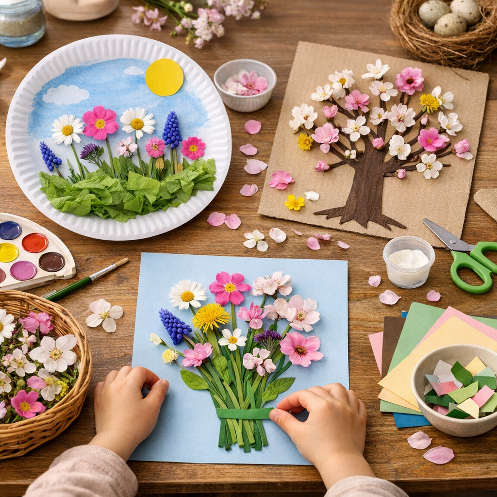 Bricolages avec des fleurs de printemps&nbsp;: assiette, arbre et papier pas à pas